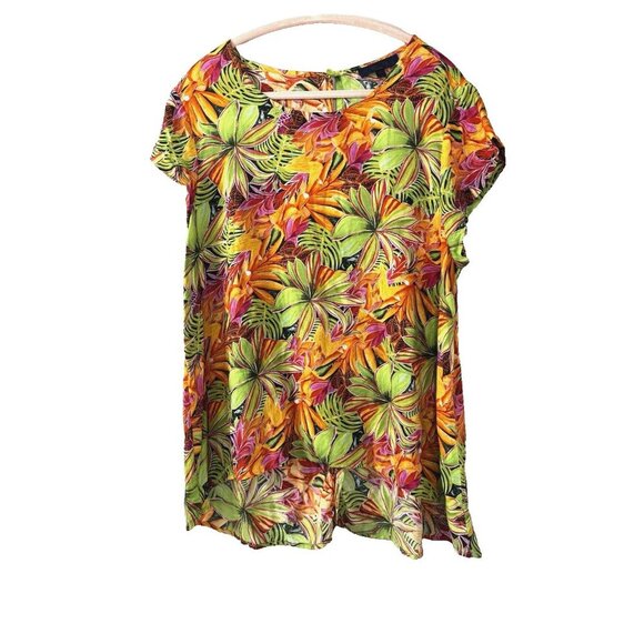 Rachel Roy XL Tropical Floral Blouse Vibrant Colorful Resort Asymmetrical Hem - Picture 1 of 9